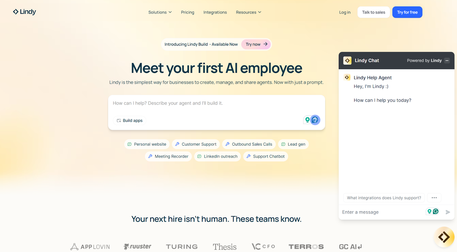screenshot of Lindy AI website homepage with the words meet your first AI employee