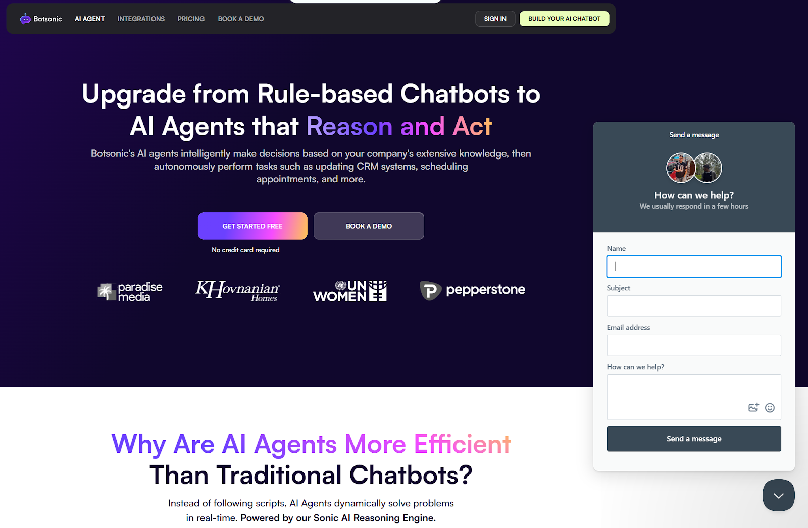 screenshot of botsonic website homepage with the following words upgrade from rule based chatbots to AI agents that reason and act