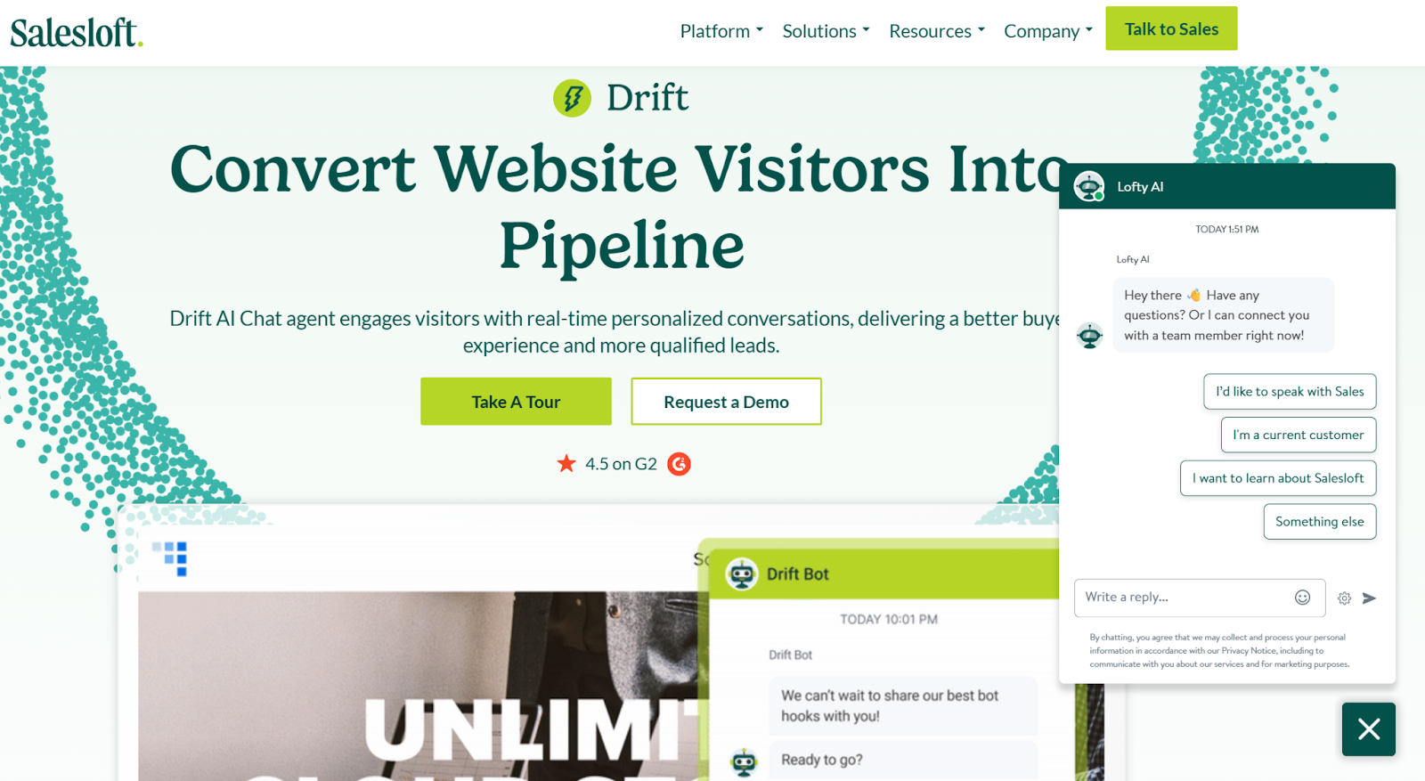 screenshot of Drift, part of Salesloft, website homepage with the words convert website visitors into pipeline