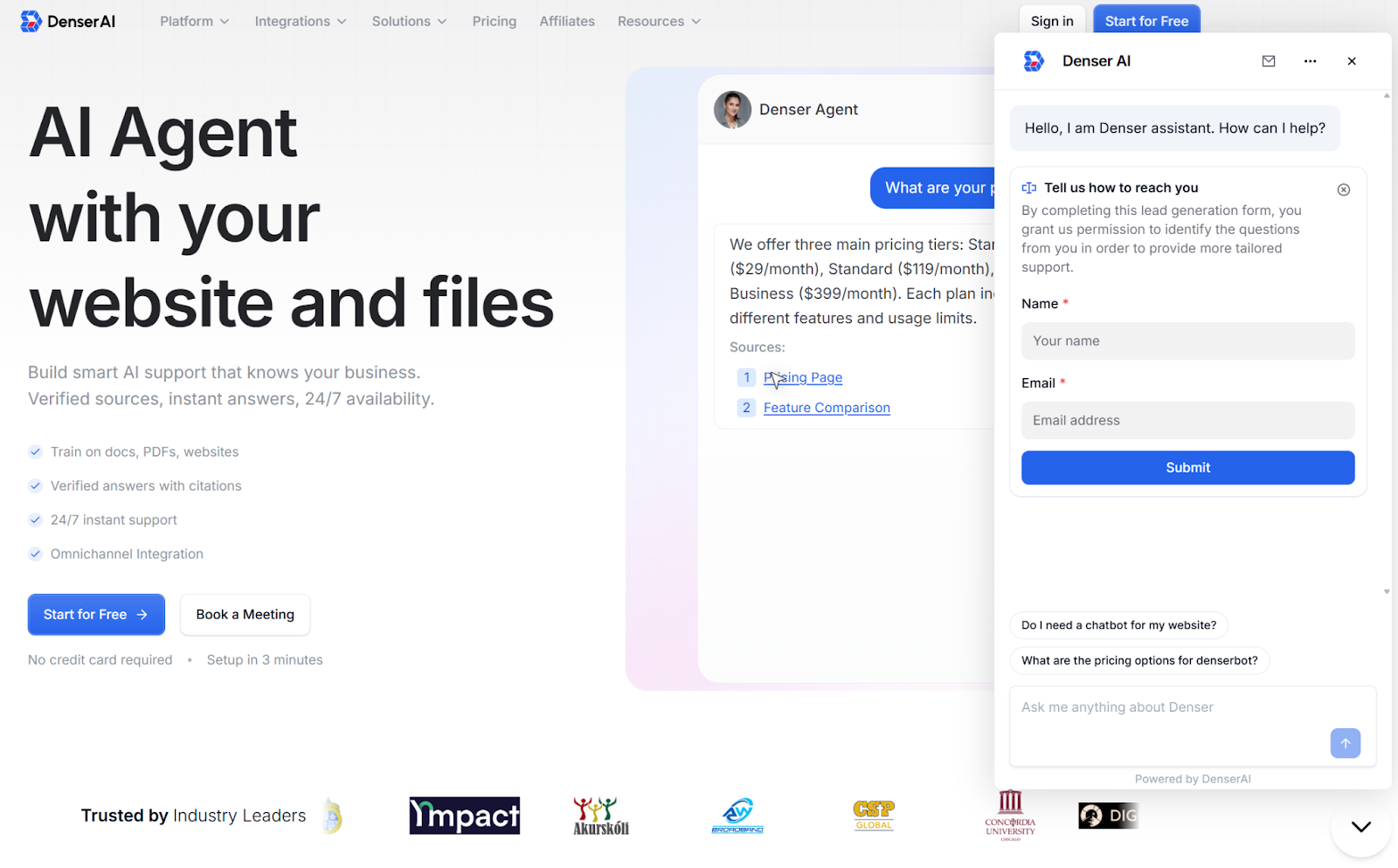screenshot of Denser AI website homepage with the following words AI agent with your website and files
