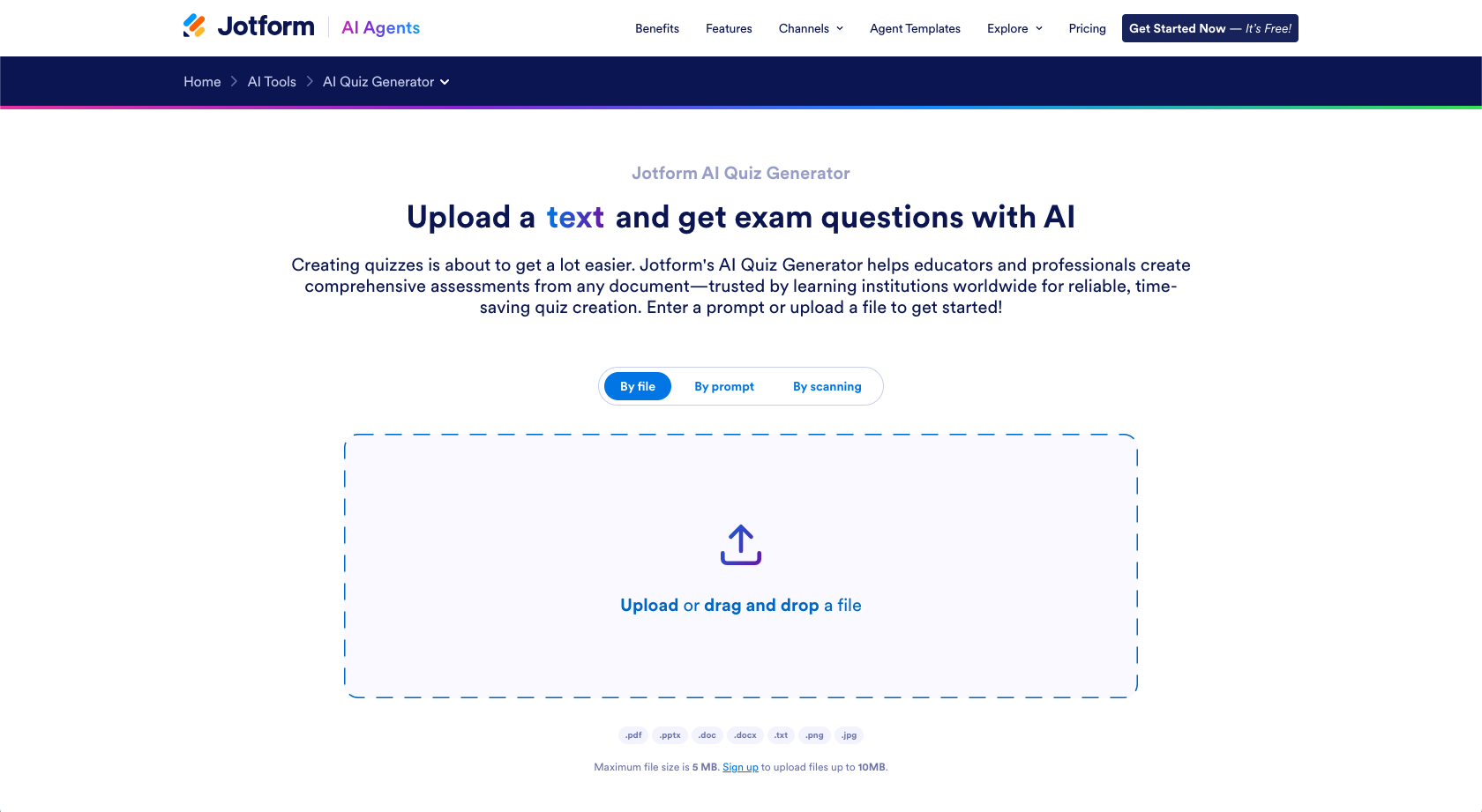 Jotform AI Quiz Generator Landing Page