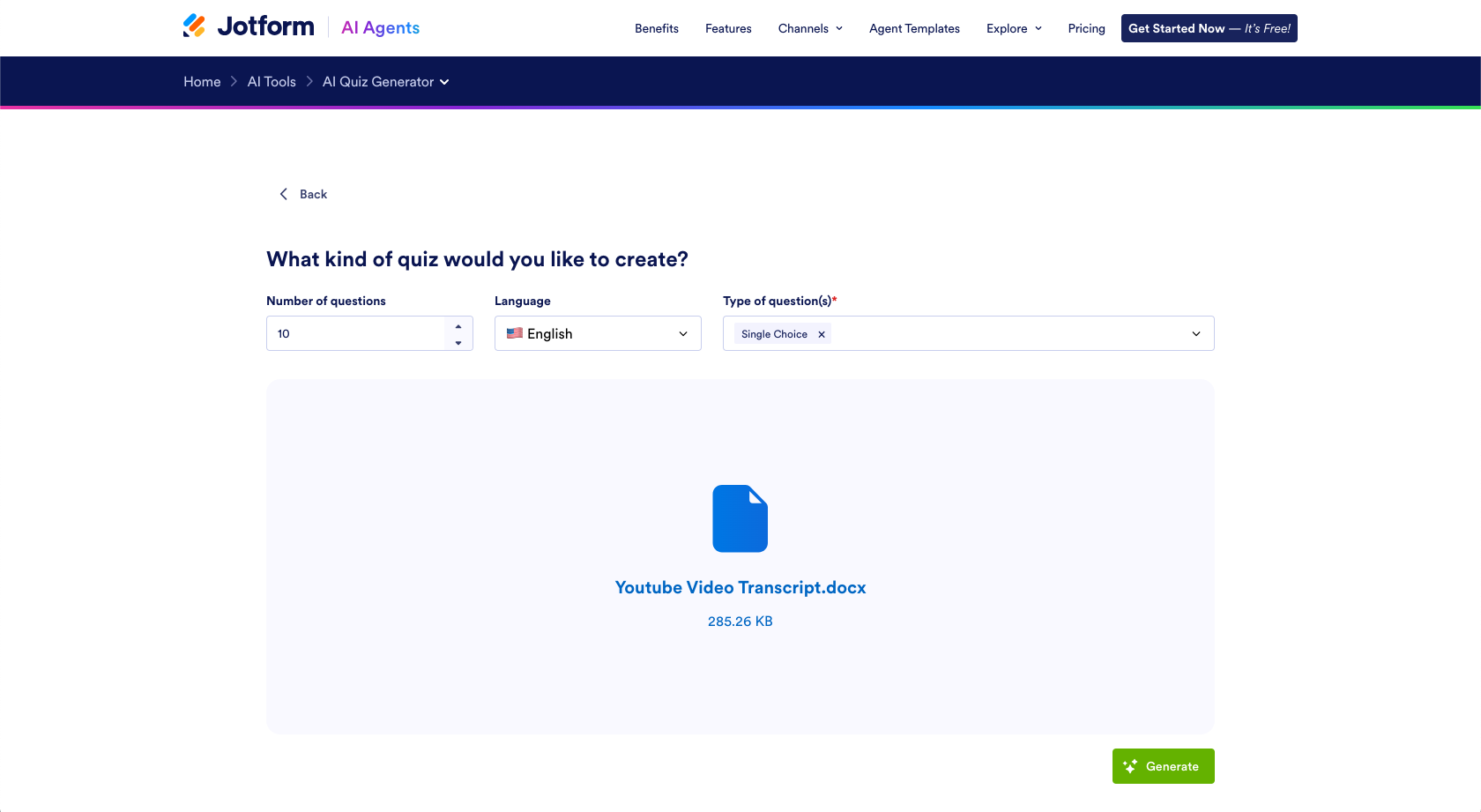 Jotform AI Quiz Generator Generation From a Docx File