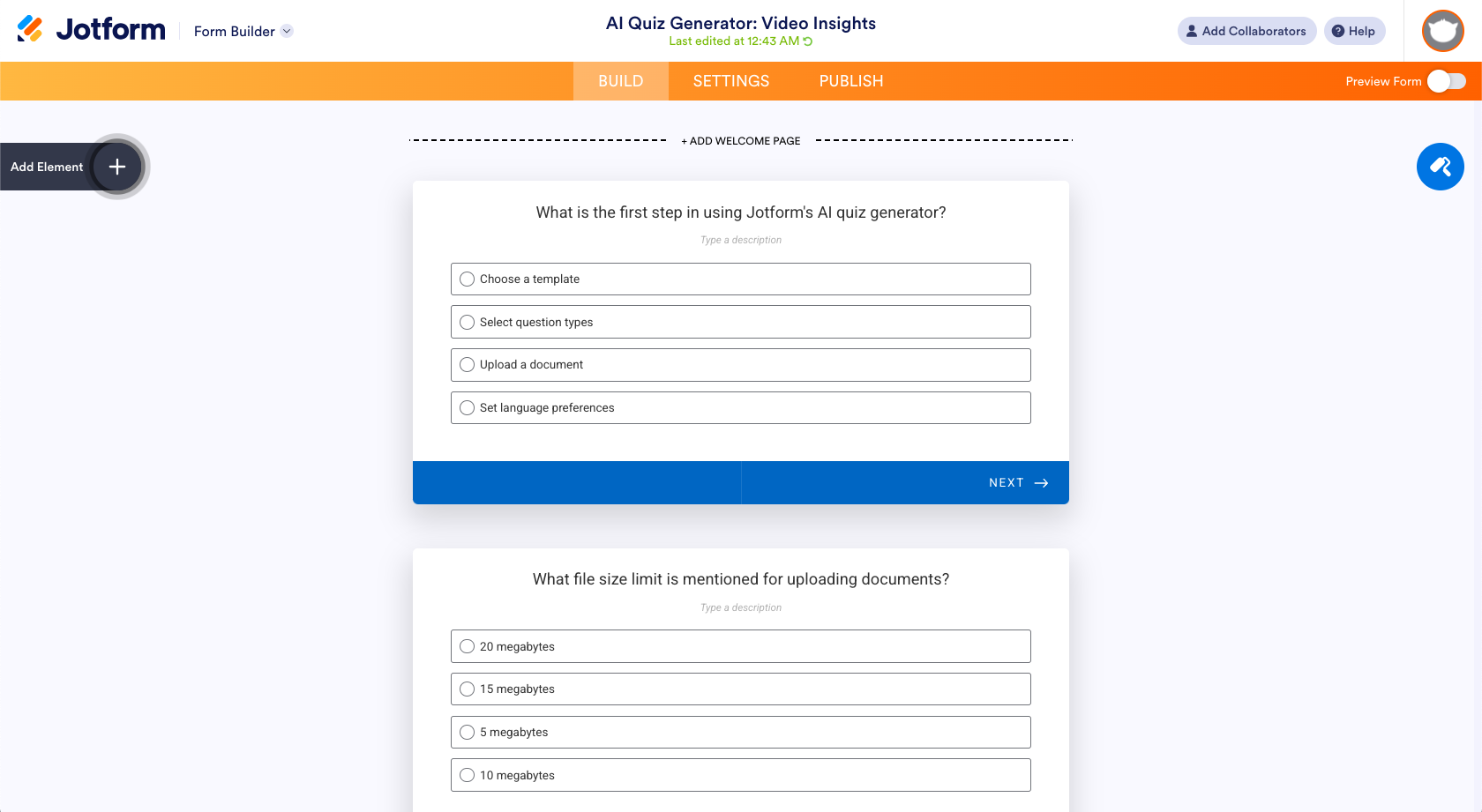 Jotform AI Generated Quiz Customization in Form Builder