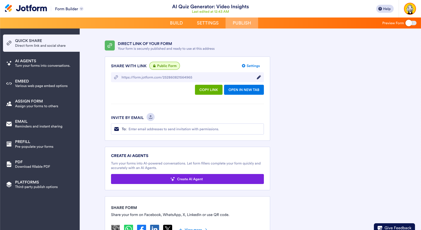 Jotform Form Builder Share Tab