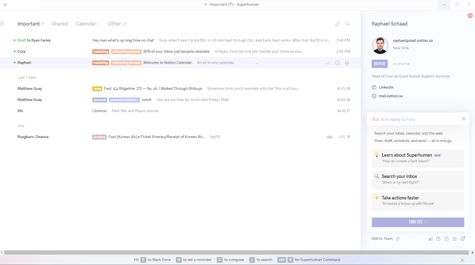screenshot of superhuman product interface showing the superhuman inbox