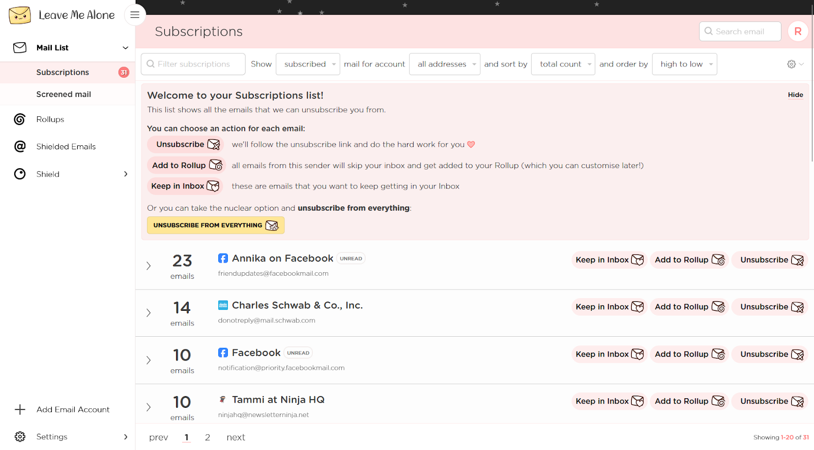 screenshot of Leave Me Alone product interface showing the inbox