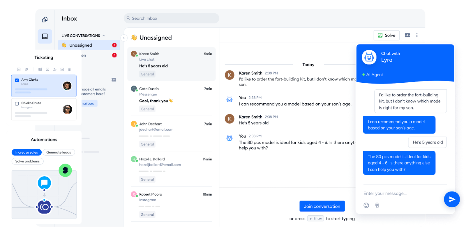 Screenshot of the Tidio interface, showing windows for ticketing, automations, inbox, and unassigned conversations about a product, as well as the Lyro AI Agent's interaction with a customer