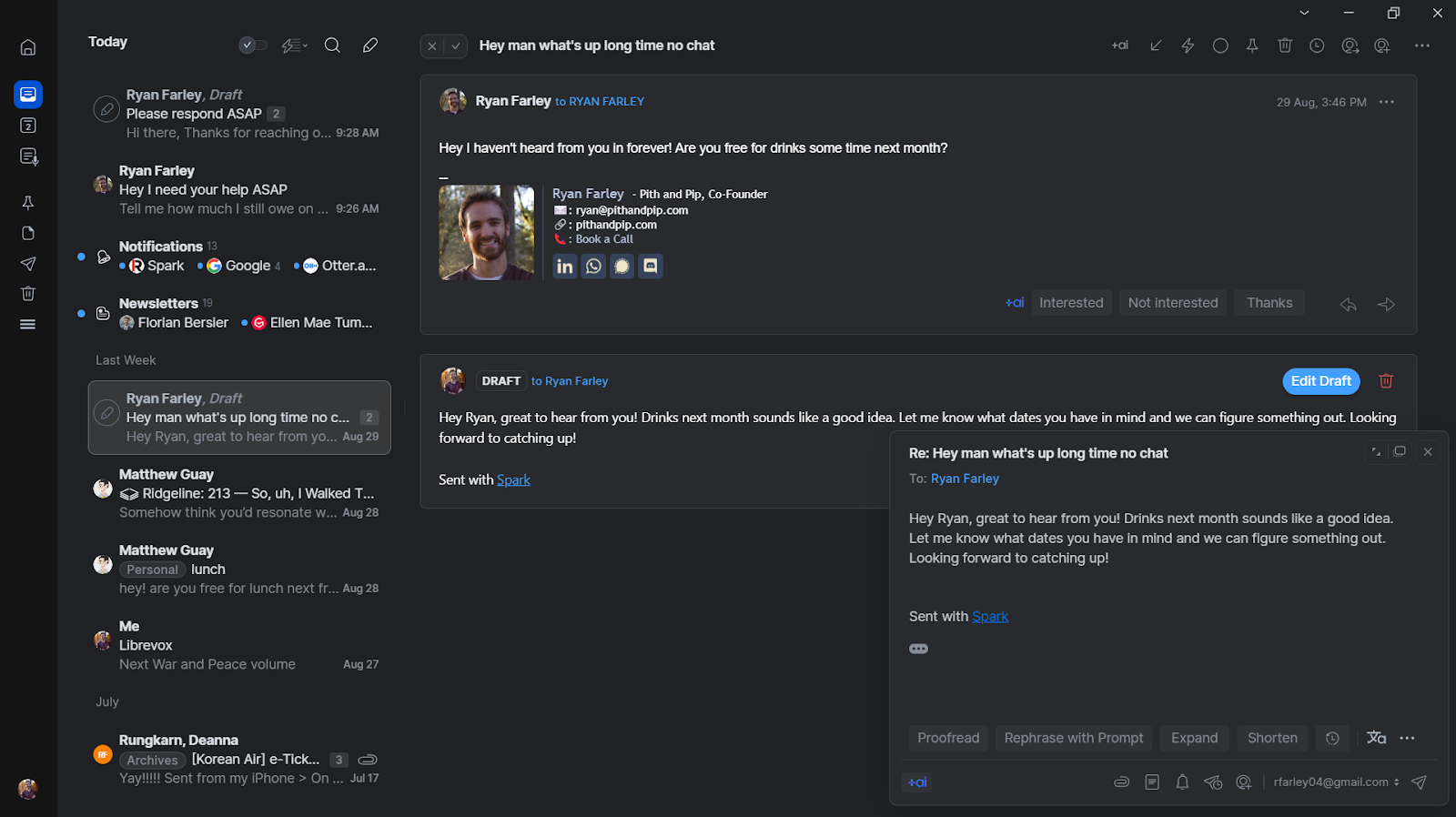 screenshot of Spark product interface showing the Spark inbox