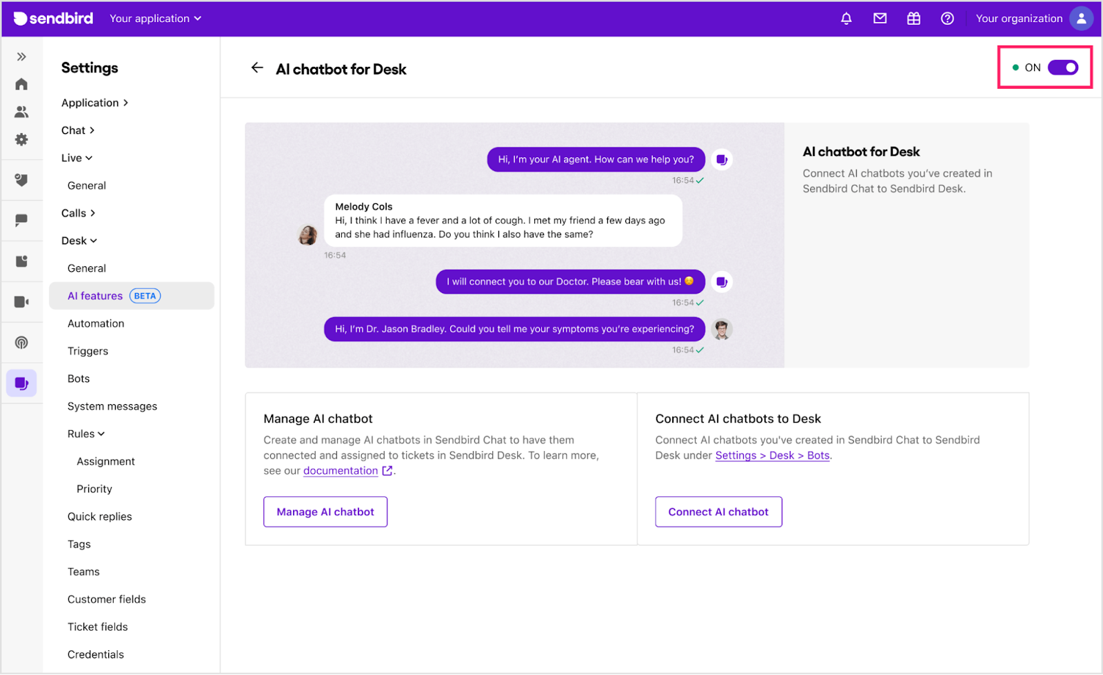 Screenshot of the Sendbird interface, showing an AI chatbot created by a user named Derek