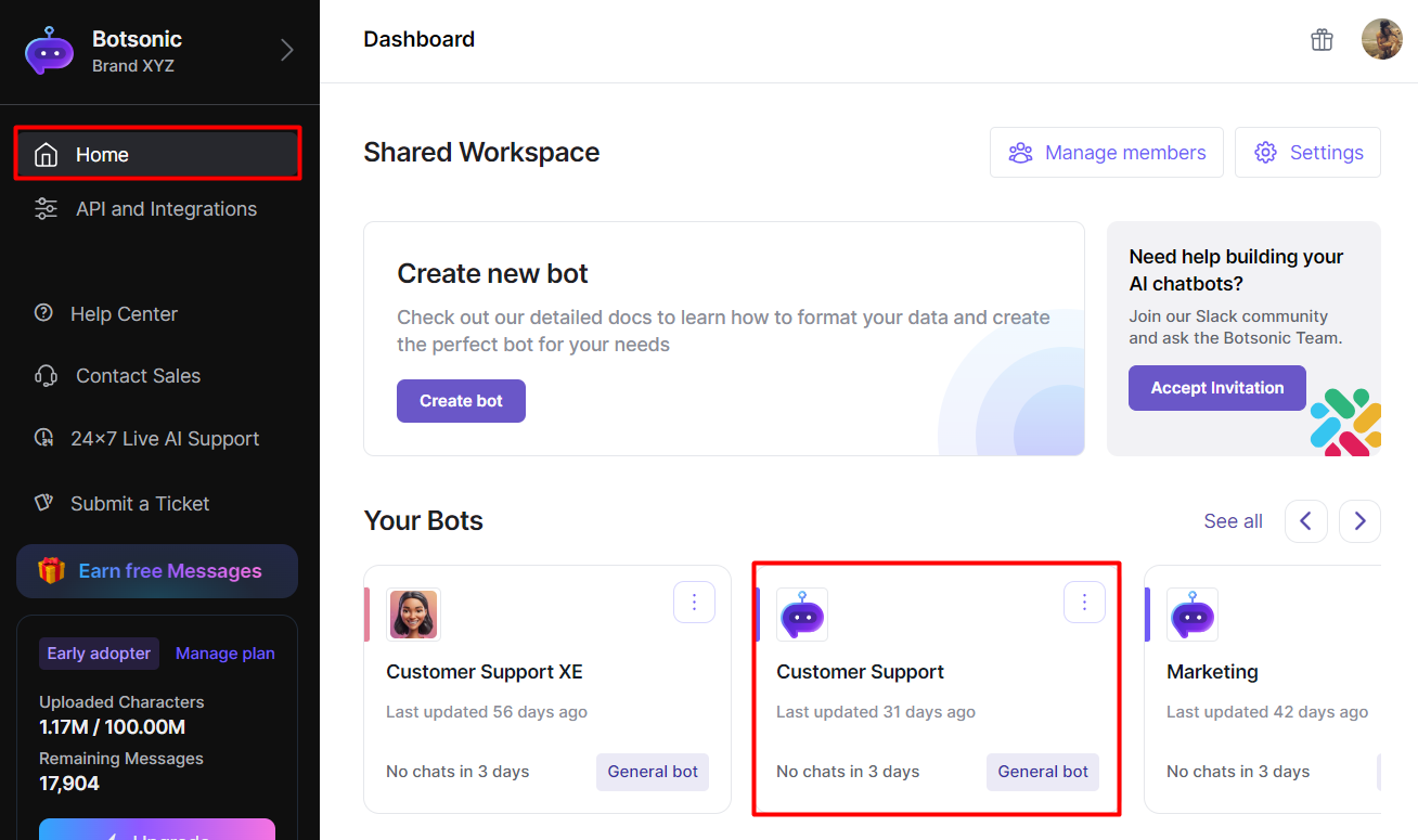 Screenshot of the Botsonic interface, showing a user's dashboard that includes sections like Shared Workspace and Your Bots