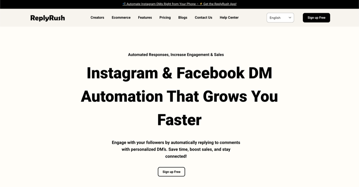 ReplyRush website homepage screenshot with the following words Instagram and Facebook DM automation that grows you faster
