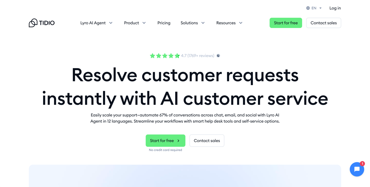 screenshot of tidio website homepage with the following words resolve customer requests instantly with AI customer service