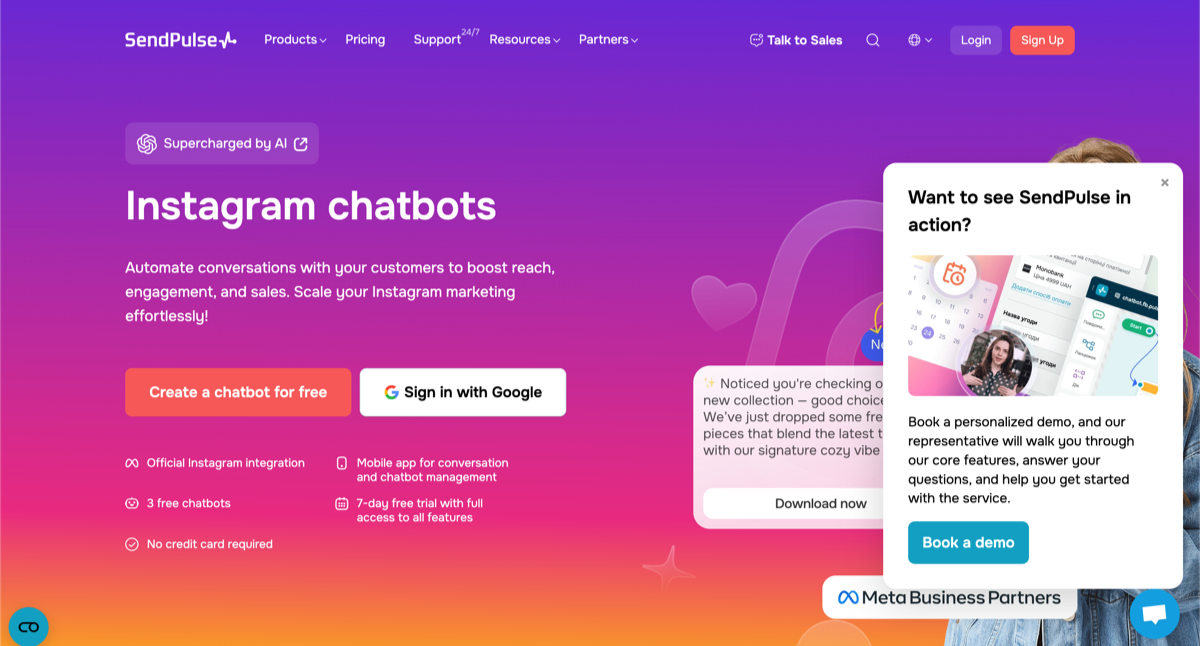 sendpulse website homepage screenshot showing instagram chatbots