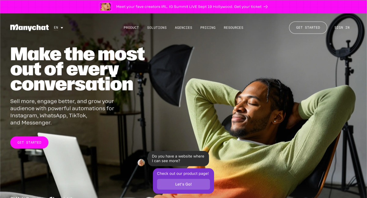 screenshot of manychat website homepage with the words make the most out of every conversation