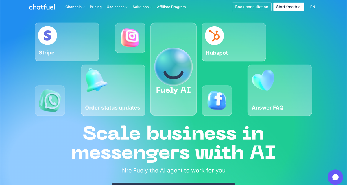 screenshot of chatfuel website homepage with the words scale business in messengers with AI