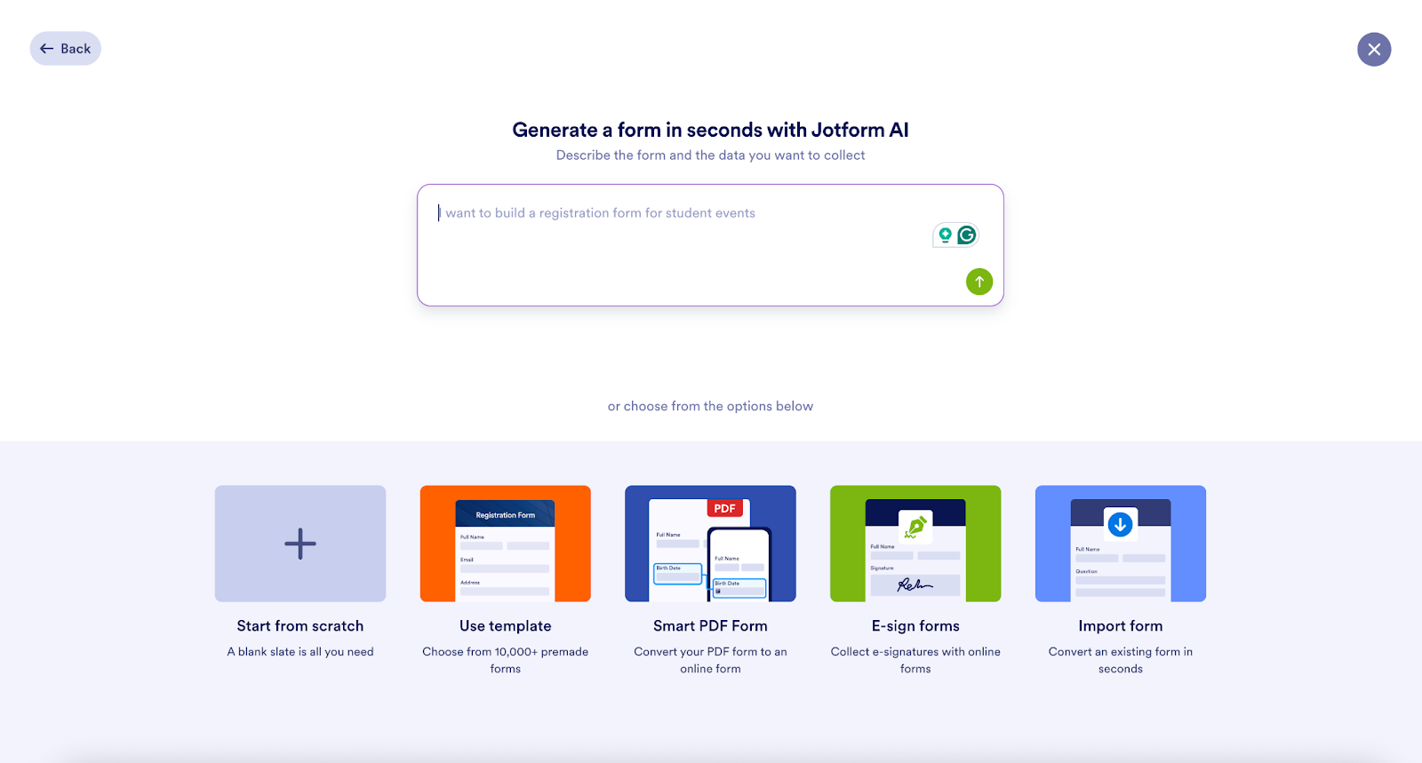 Jotform Form Creation Starting Page