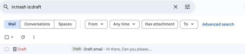 Searching in the trash folder in Gmail