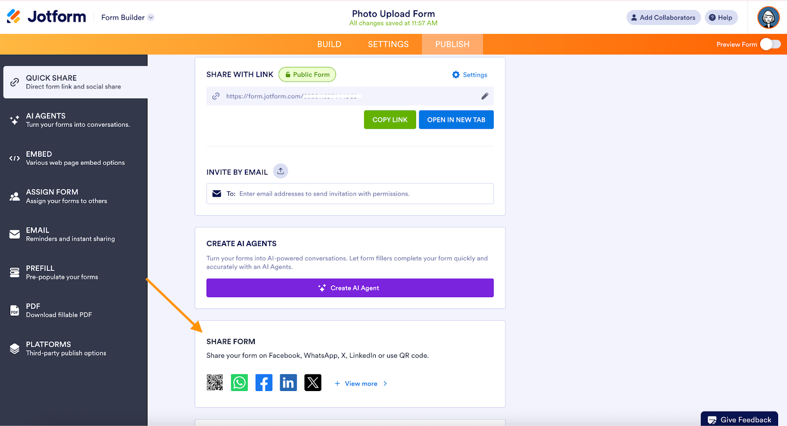 Jotform Form Builder Publish Tab