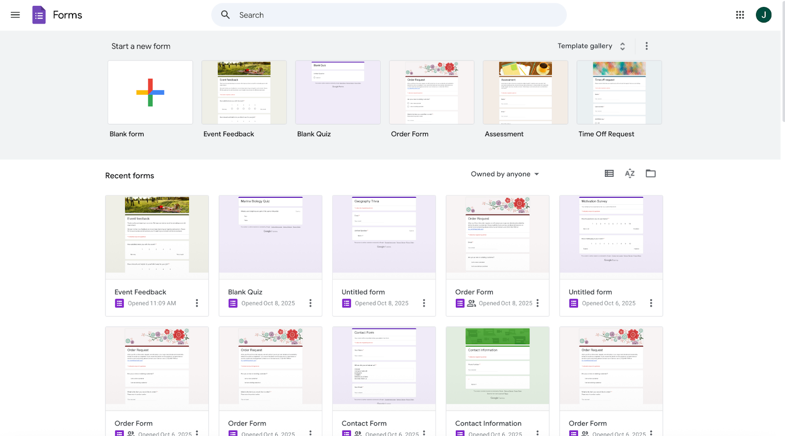 Google Forms Main Menu Page