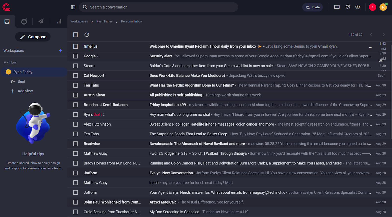 screenshot of gmelius product interface showing the inbox