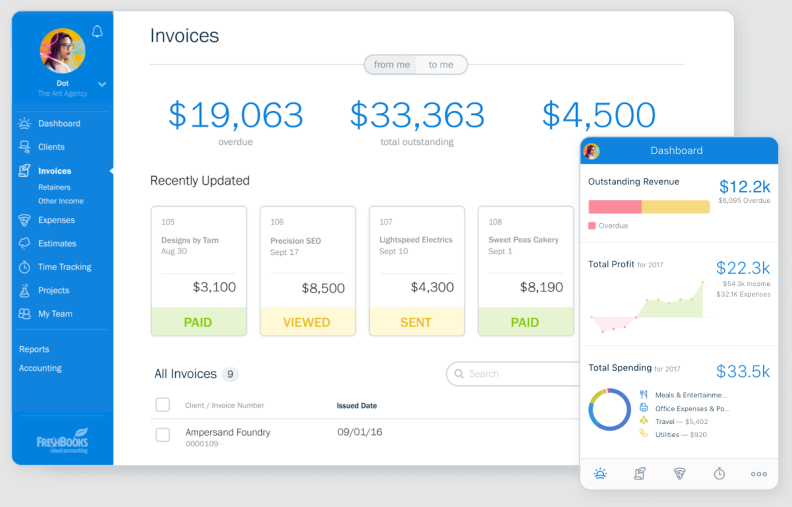 Interface utilisateur de FreshBooks