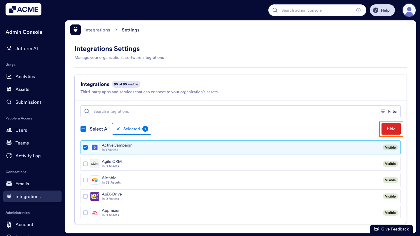 How to Show or Hide Integrations in Your Organization from the Admin Console Image-7