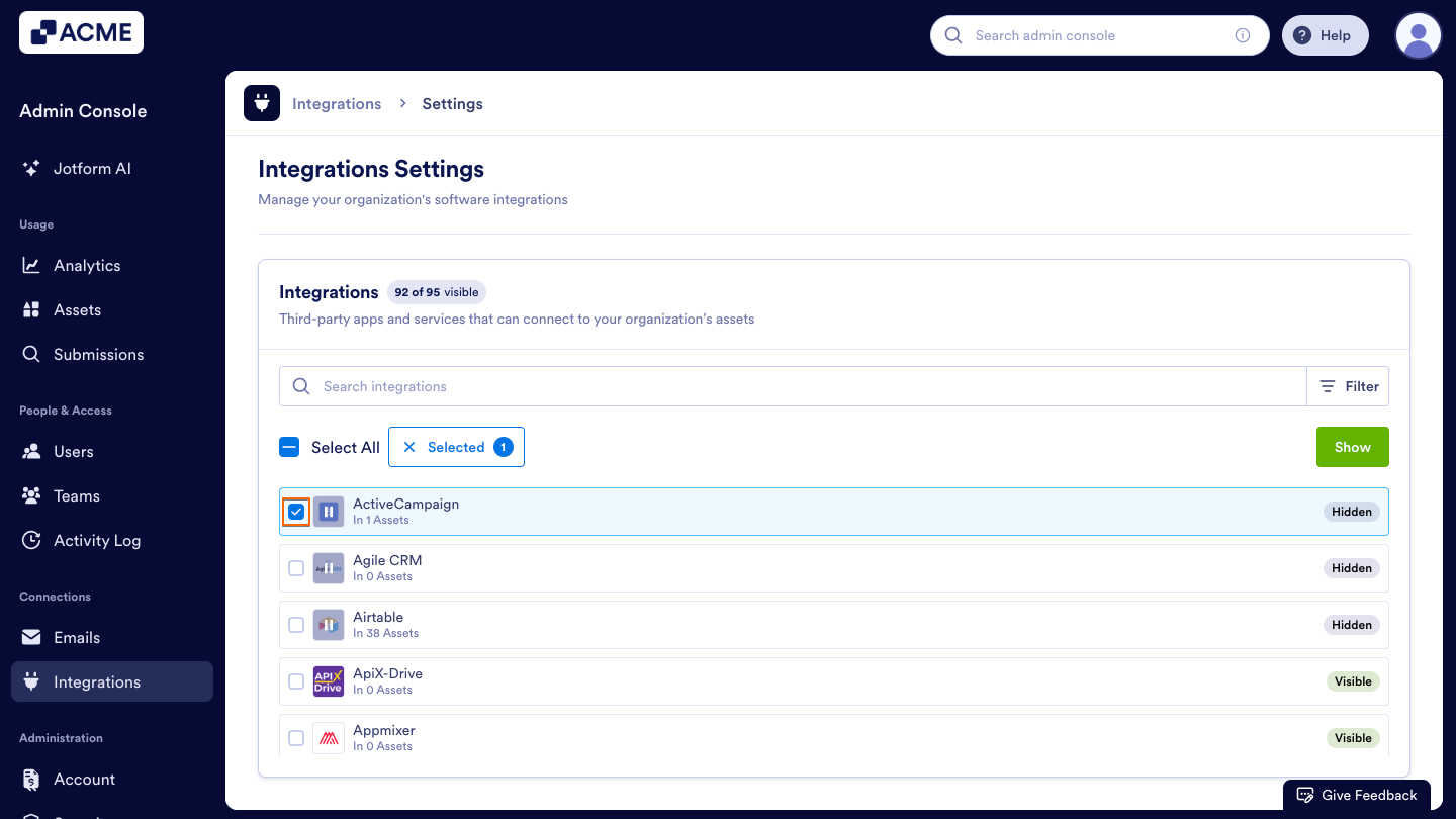 How to Show or Hide Integrations in Your Organization from the Admin Console Image-12