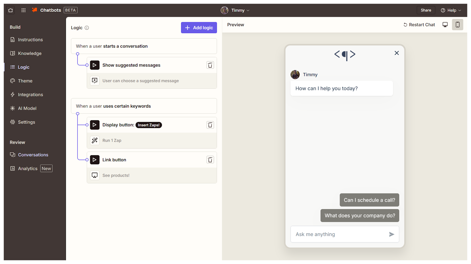 User Interface of Zapier chatbot builder