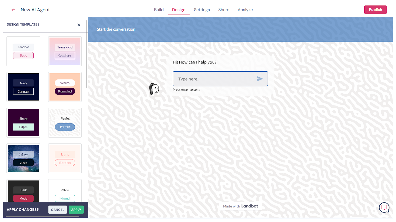 User Interface of Landbot Agent Builder