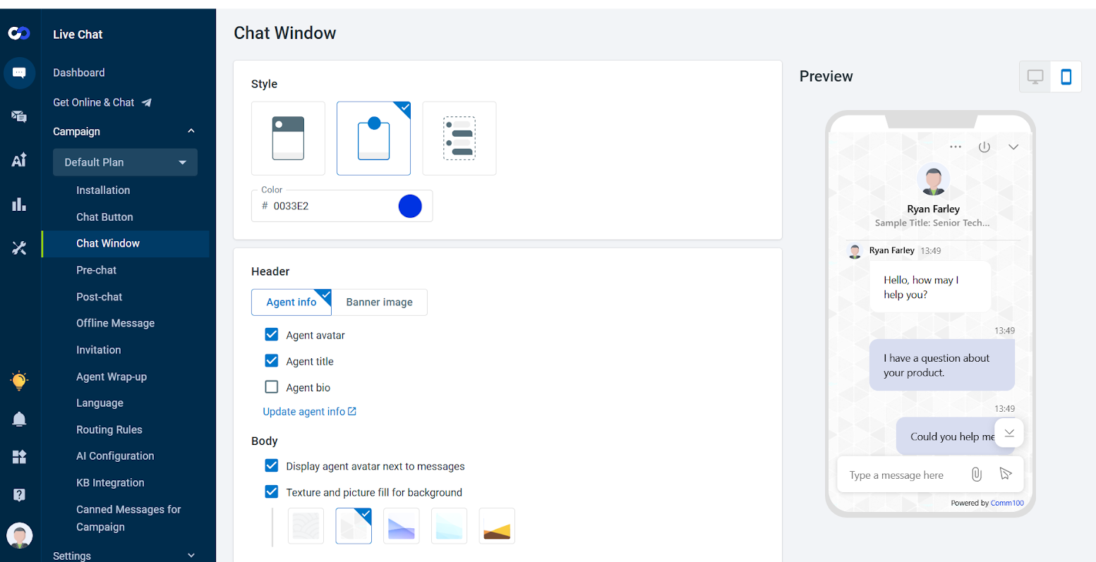 User Interface of Comm100 Chat Window