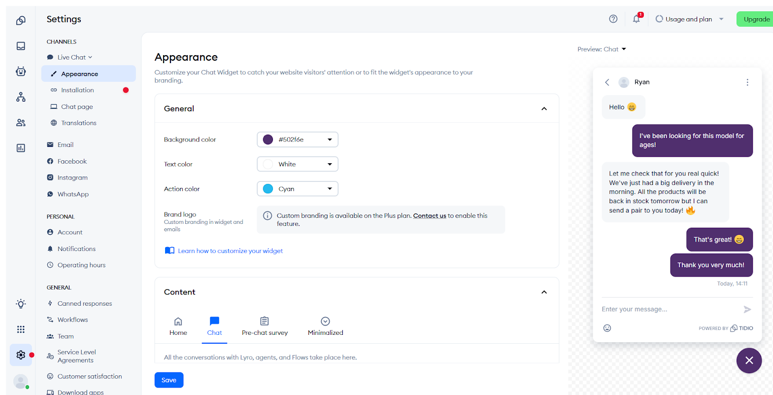 Screenshot of Tidio's AI agent dashboard