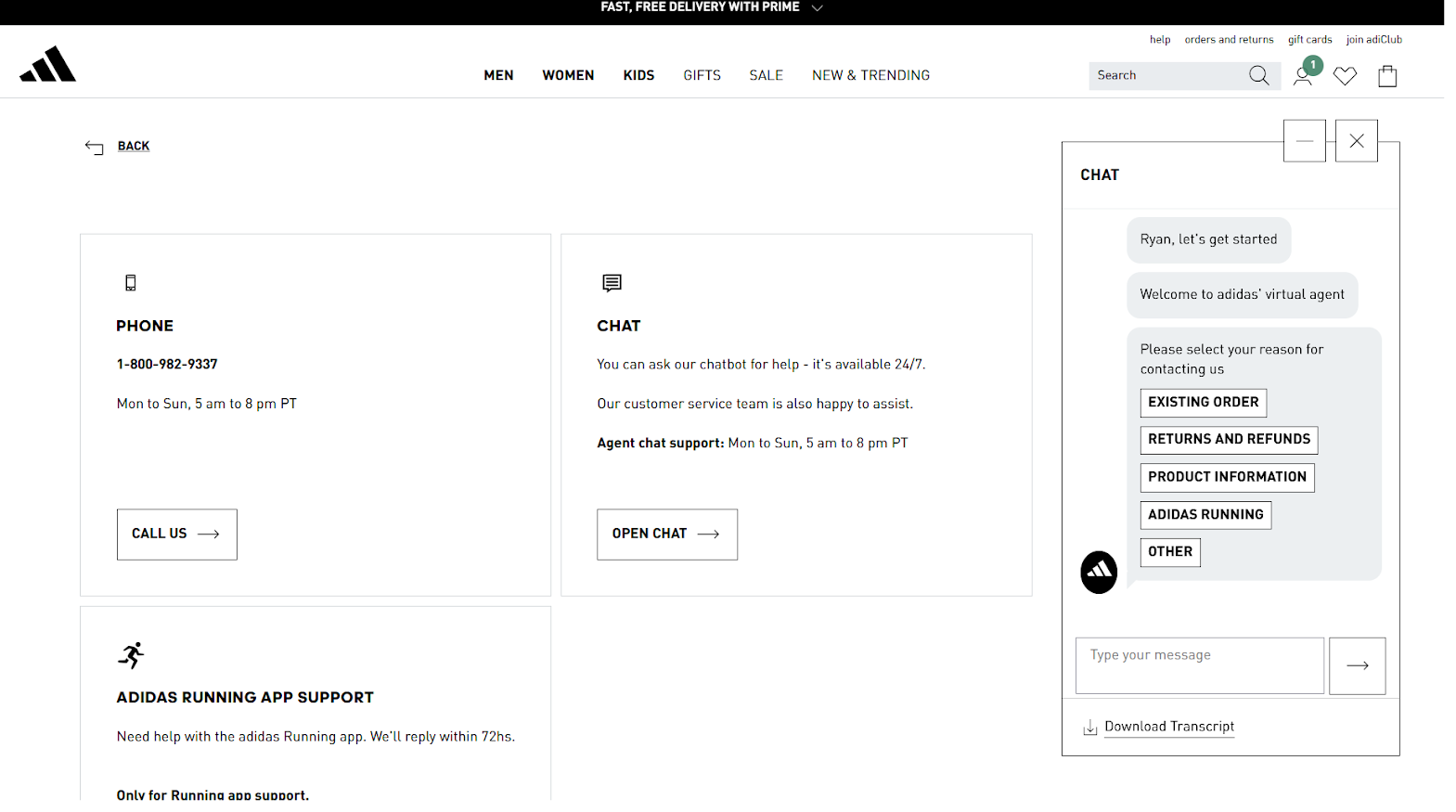 Screenshot of Adidas' AI agent chatbot