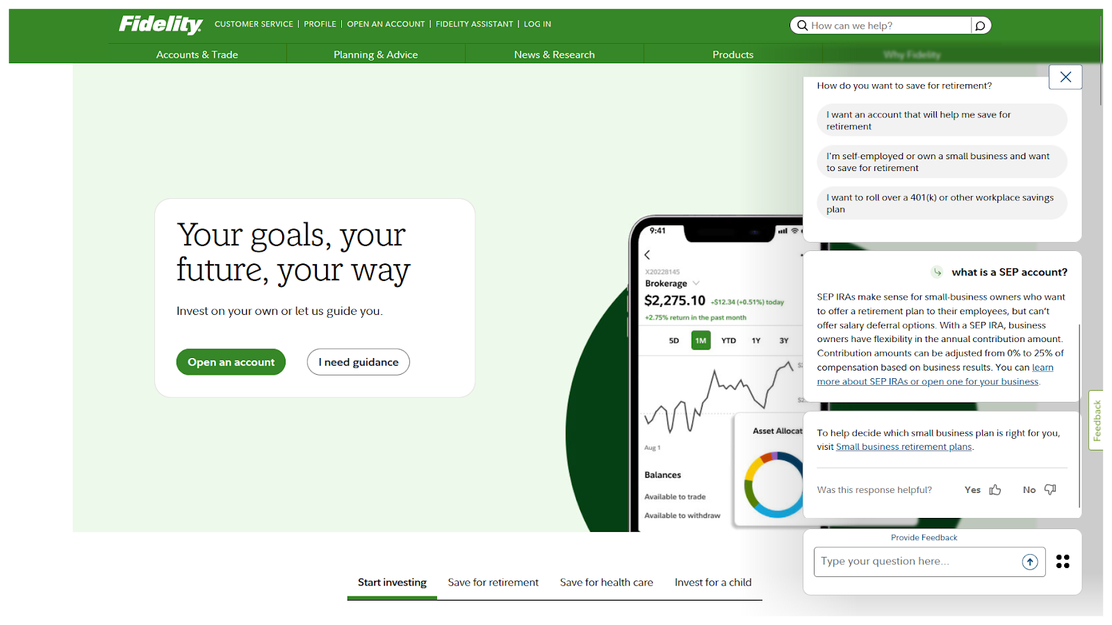 Screenshot of Fidelity's AI chatbot