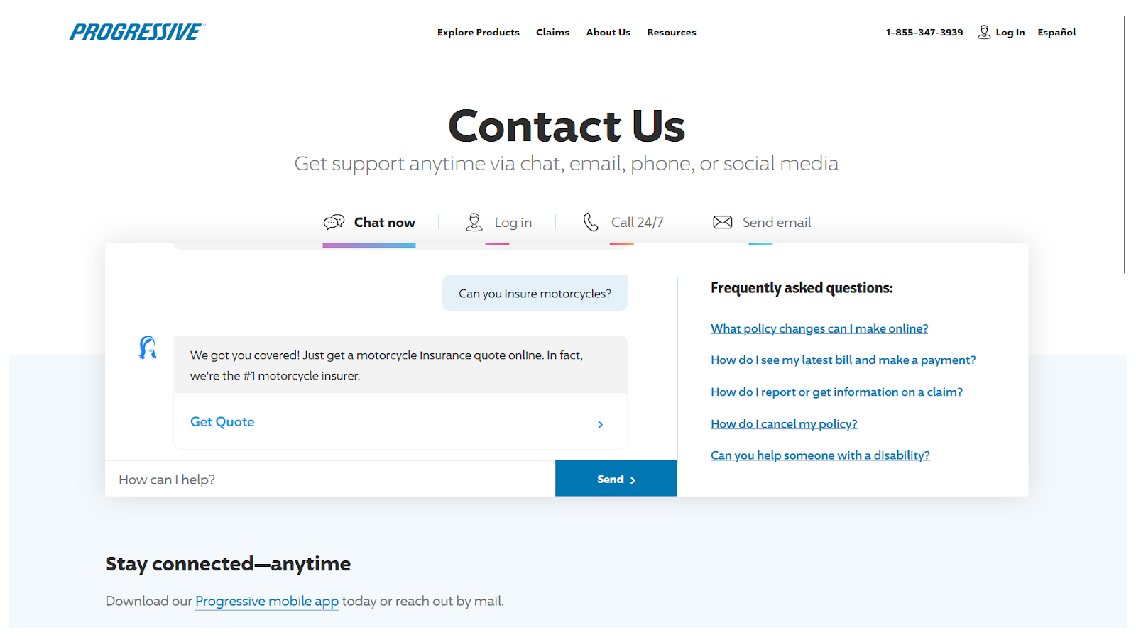 Screenshot of Progressive's AI chatbot