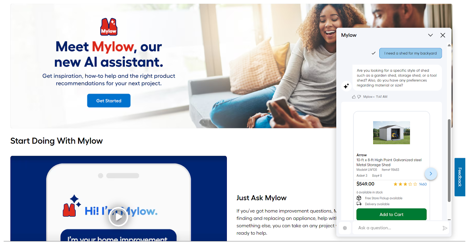 Screenshot of Lowe's' AI chatbot, Mylow