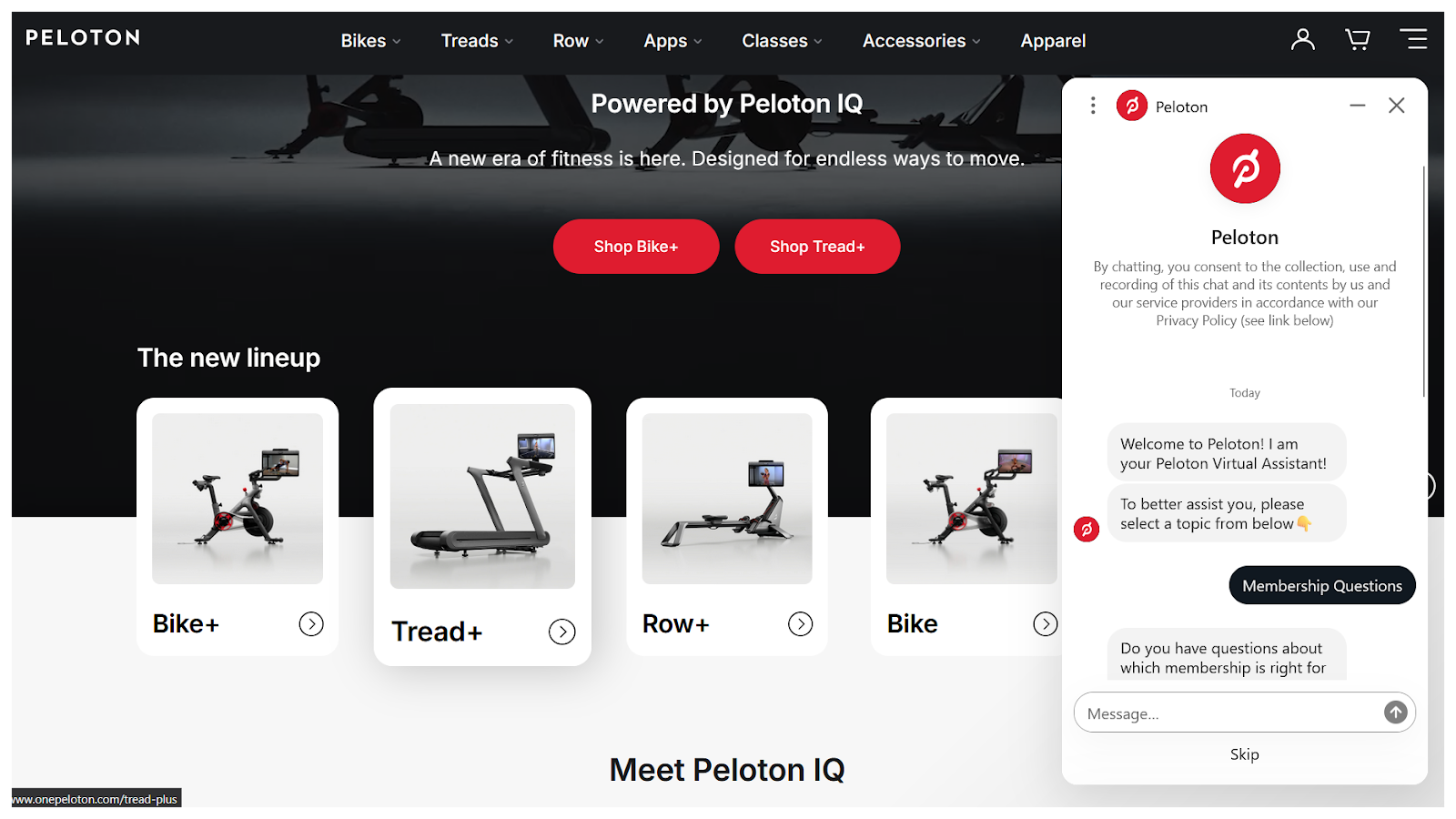 Screenshot of Peloton's AI chatbot