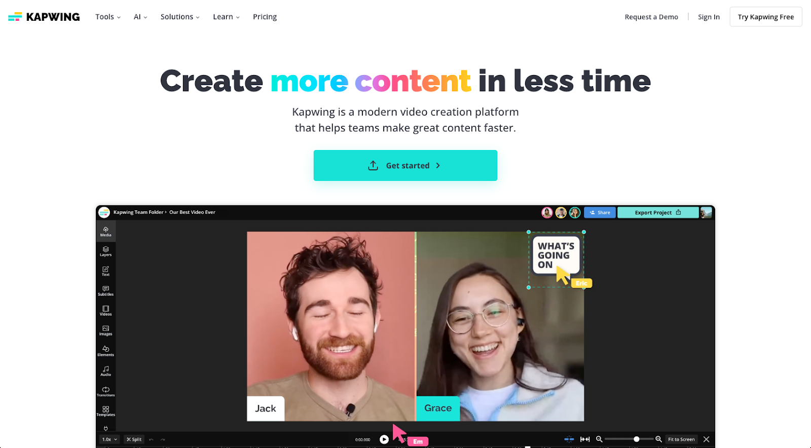 kapwing website homepage screenshot with the following words create more content in less time
