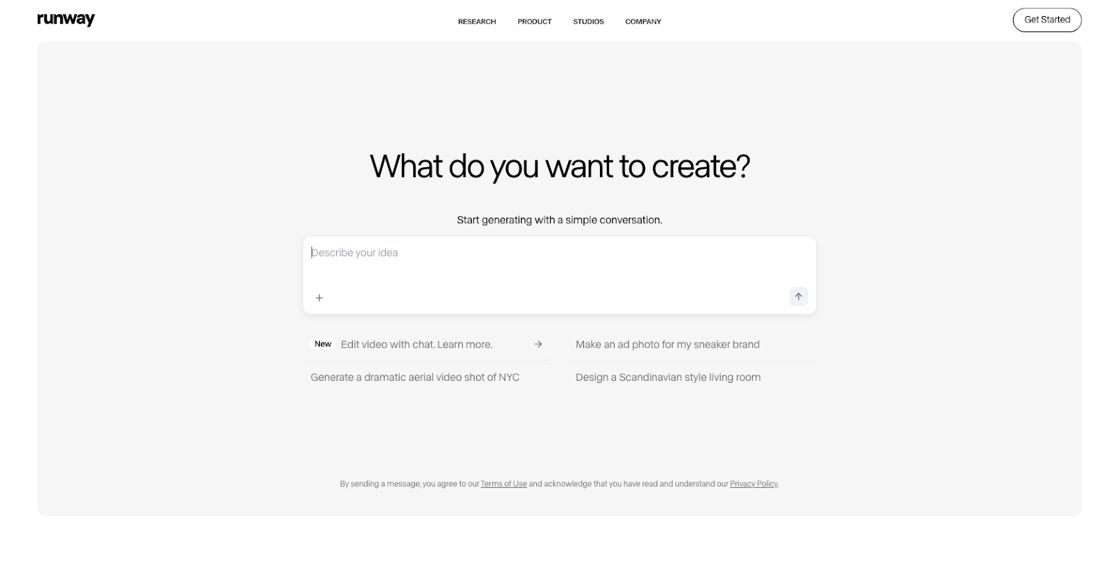 screenshot of runway website homepage with the words what do you want to create