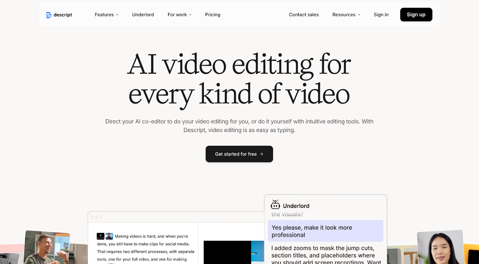 screenshot of descript website homepage with the words AI video editing for every kind of video