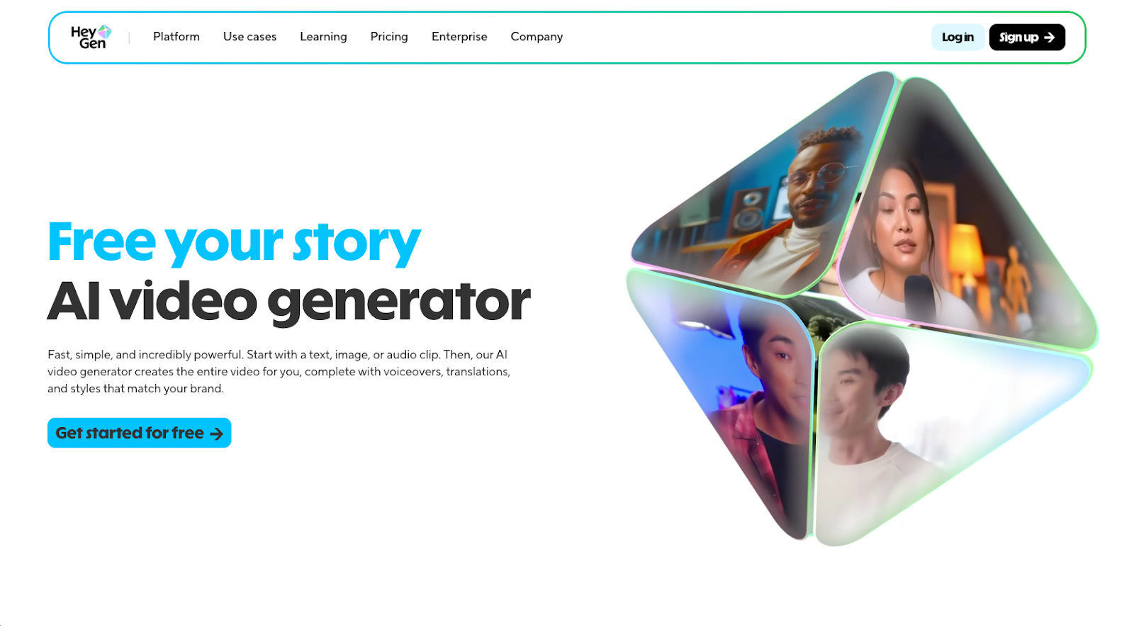 screenshot of HeyGen website homepage with the words free your story AI video generator
