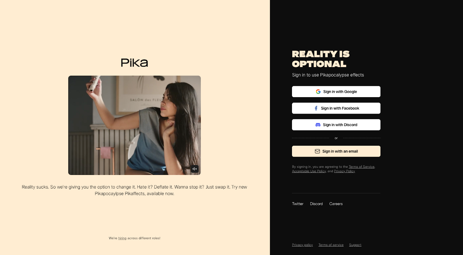 screenshot of Pika website homepage with the words reality is optional