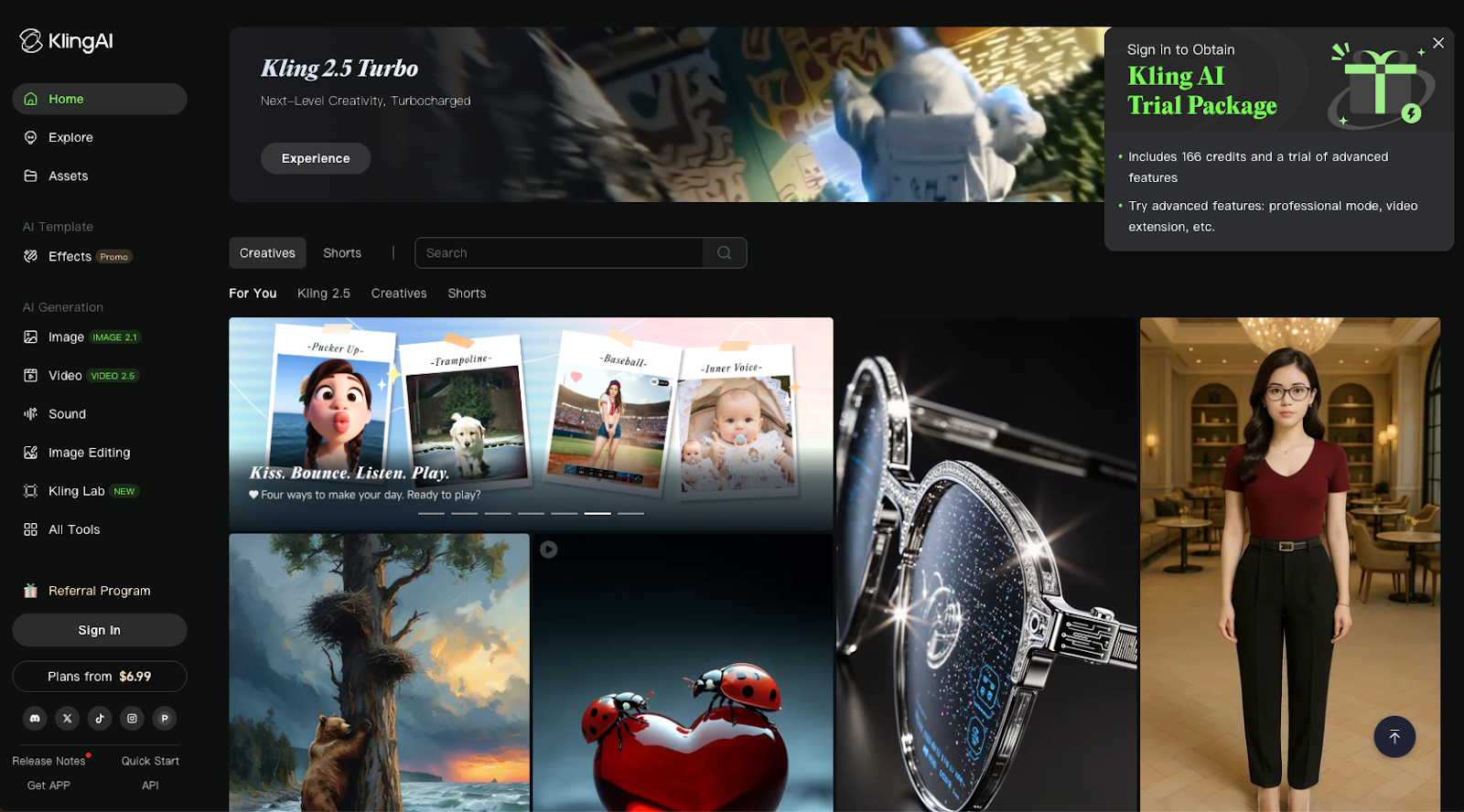 screenshot of Kling AI website showing different types of generated AI content