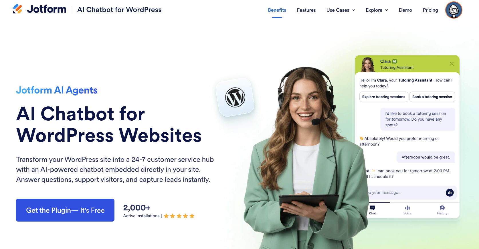 jotform ai chatbot for wordpress landing page screenshot with AI chatbot Clara chatting with the customer