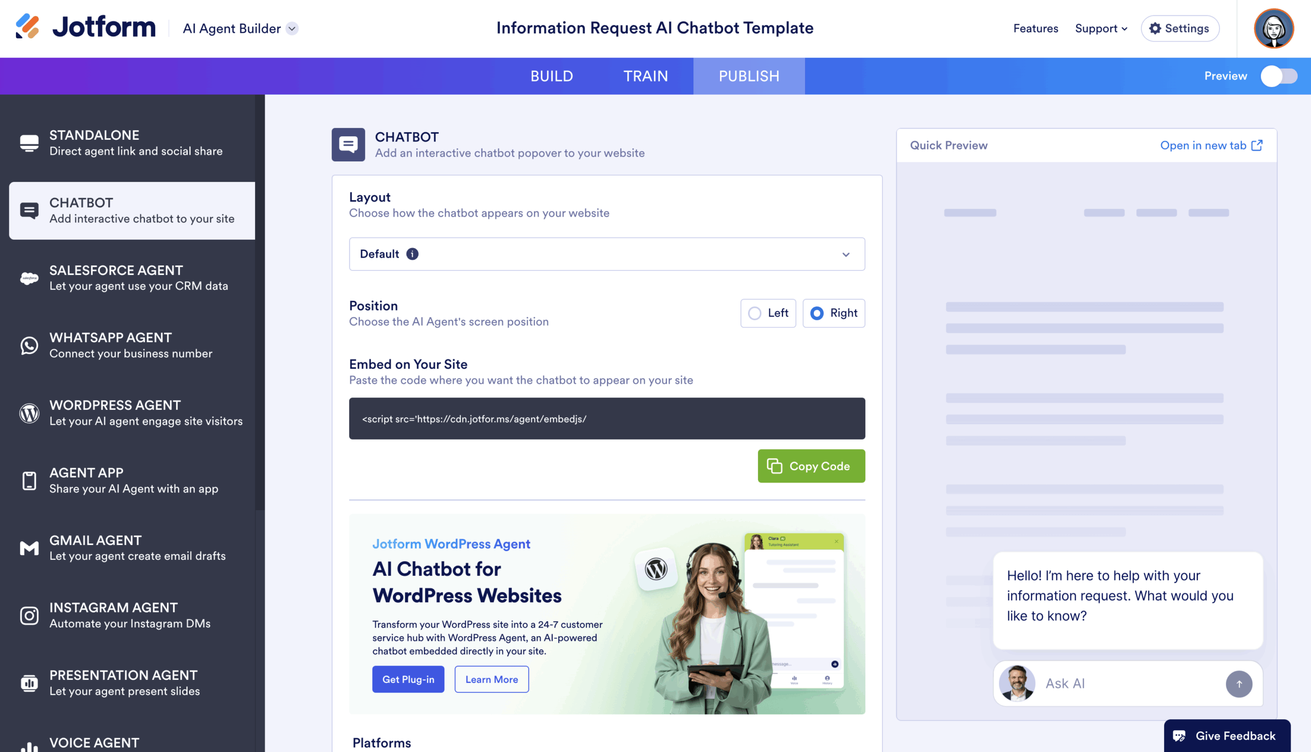 Viewing the Publish page on the Jotform Chatbot Builder