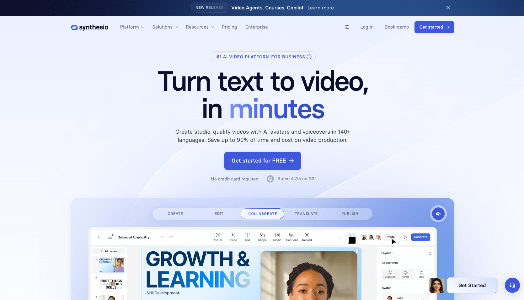screenshot of Synthesia website homepage with the words turn text to video in minutes