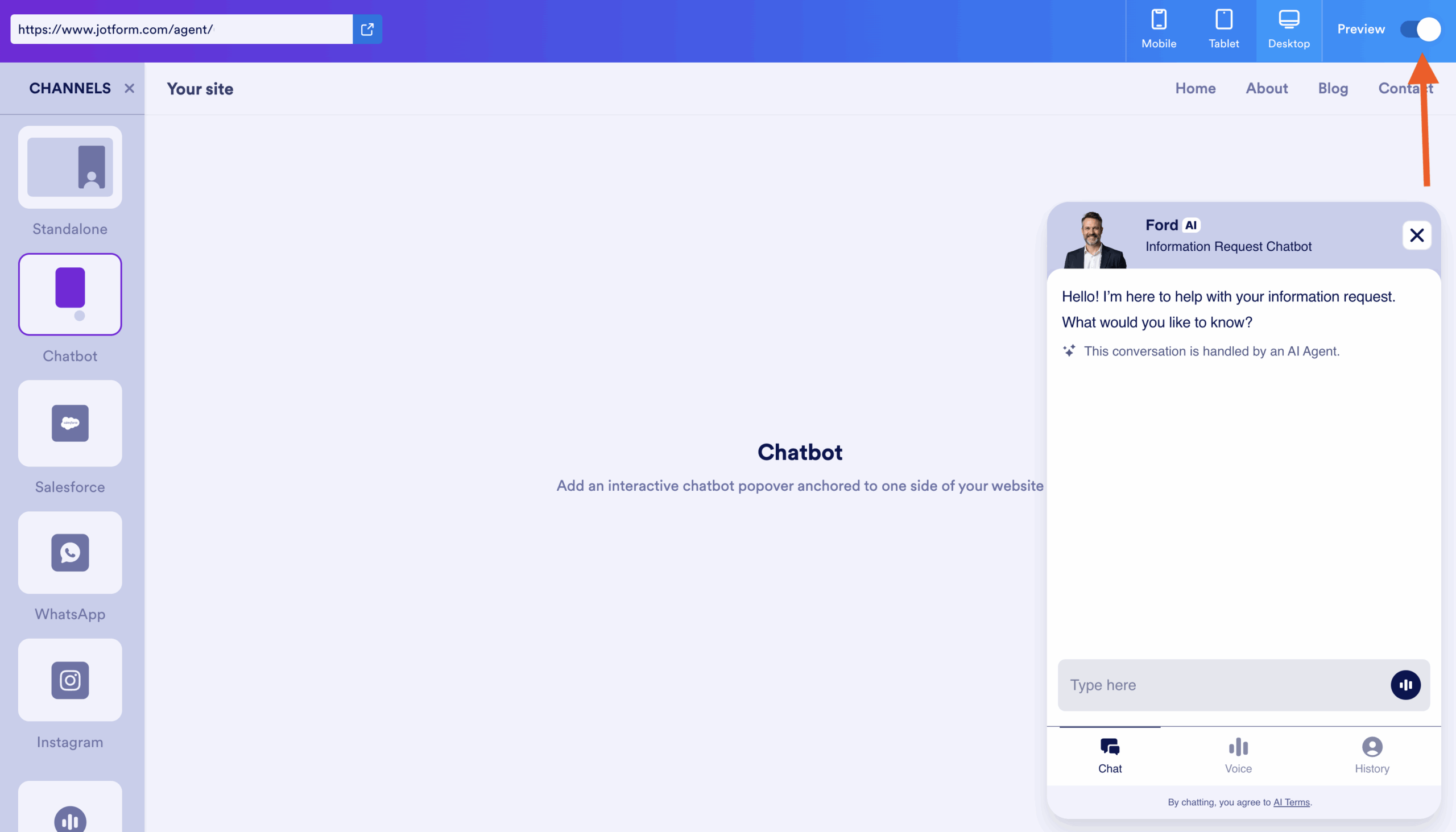 Clicking on the Preview button on the Jotform Chatbot Builder