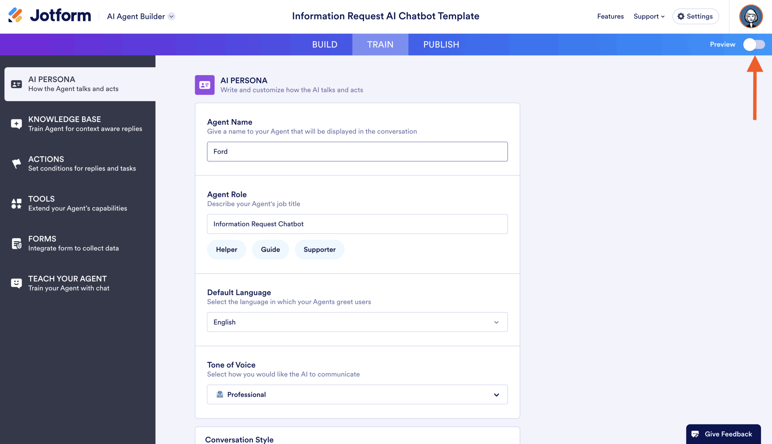 Toggling the Preview button off on the Chatbot Builder