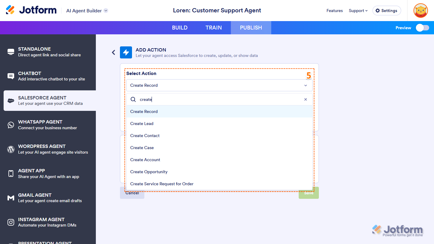 Select Action Dropdown menu in the Add Actions section of the Salesforce Agent tab under the Publish tab of Jotform AI Agent Builder