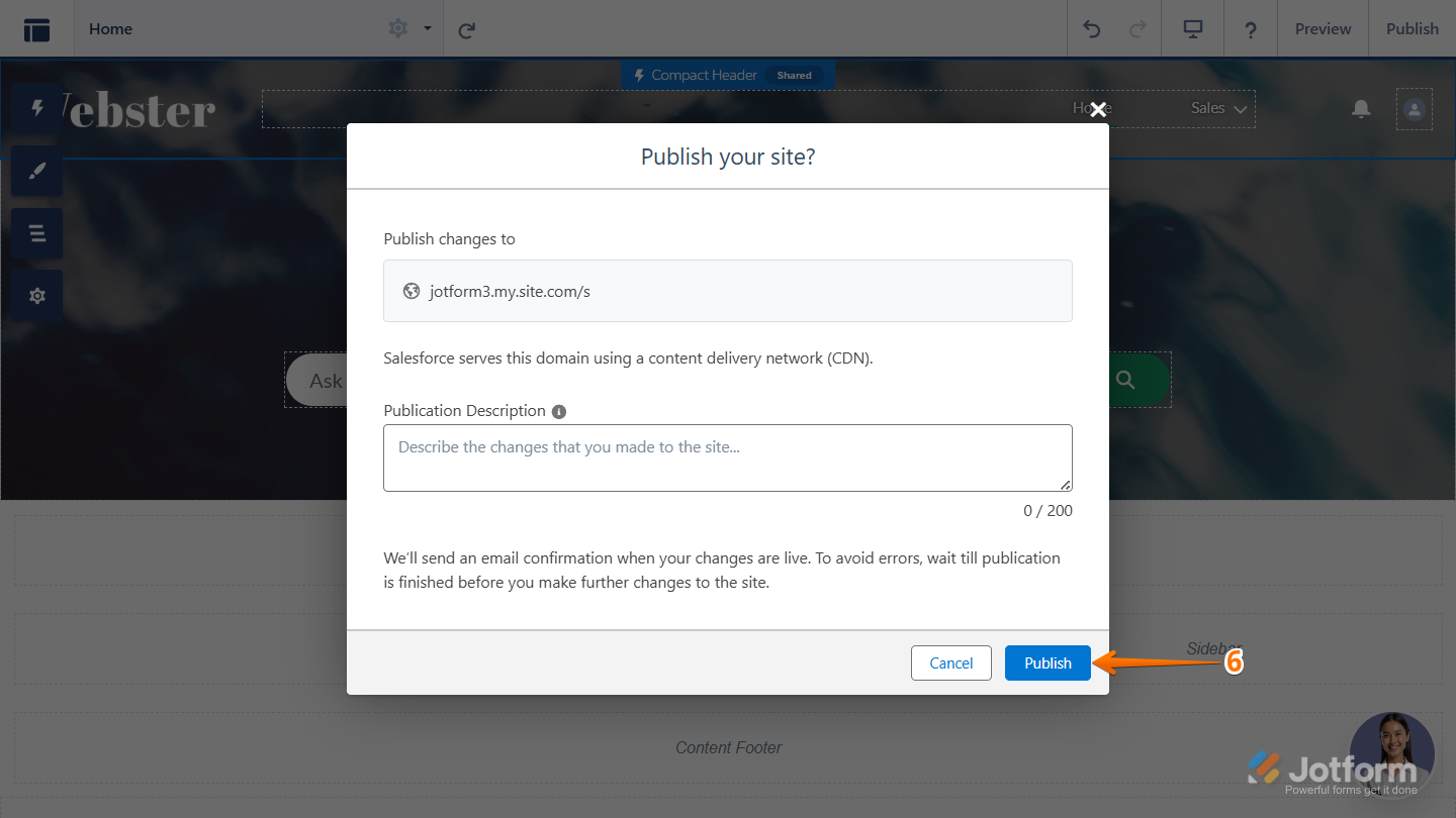 Publish button in Salesforce Experience Builder
