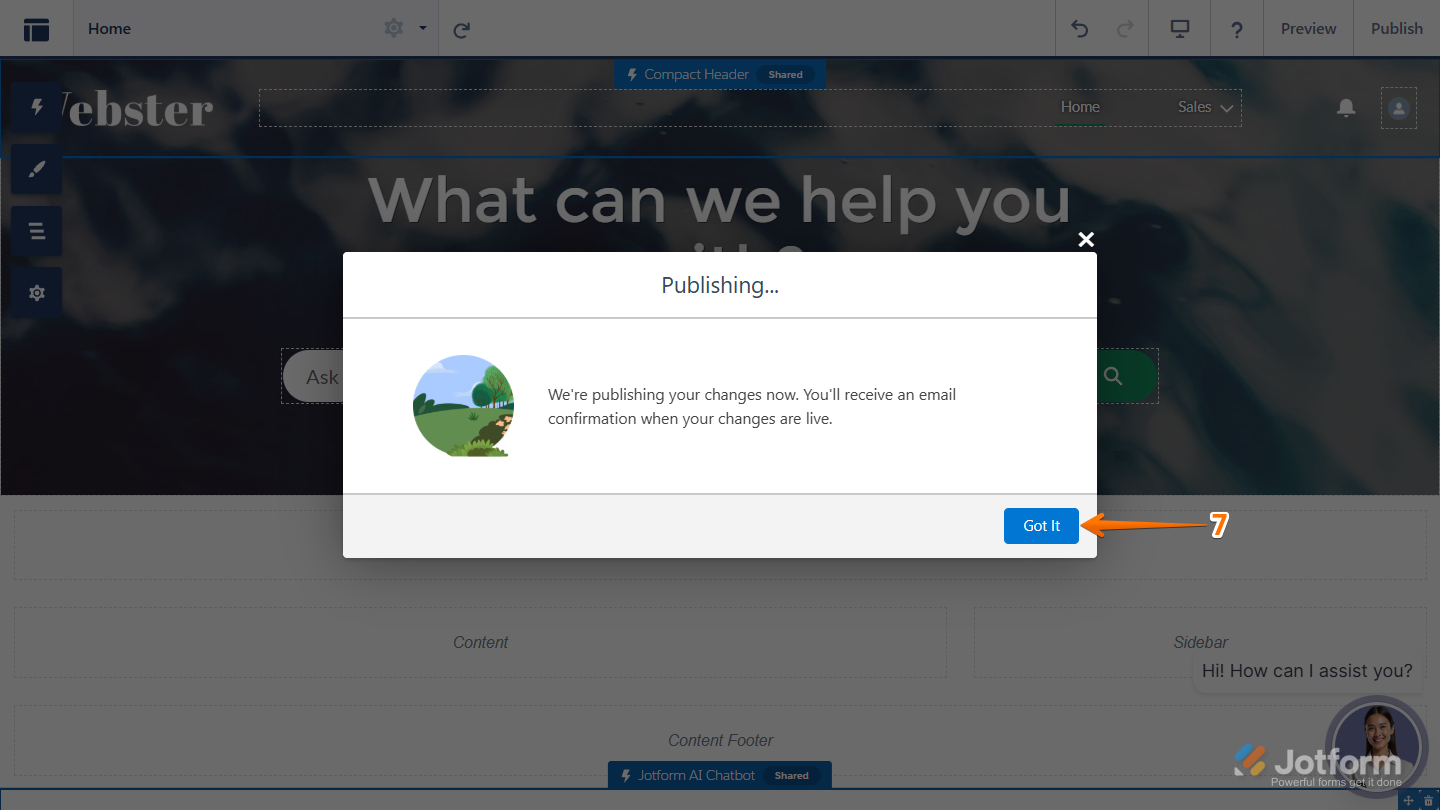 Confirmation screen in the Publish tab of the Salesforce Experience Builder